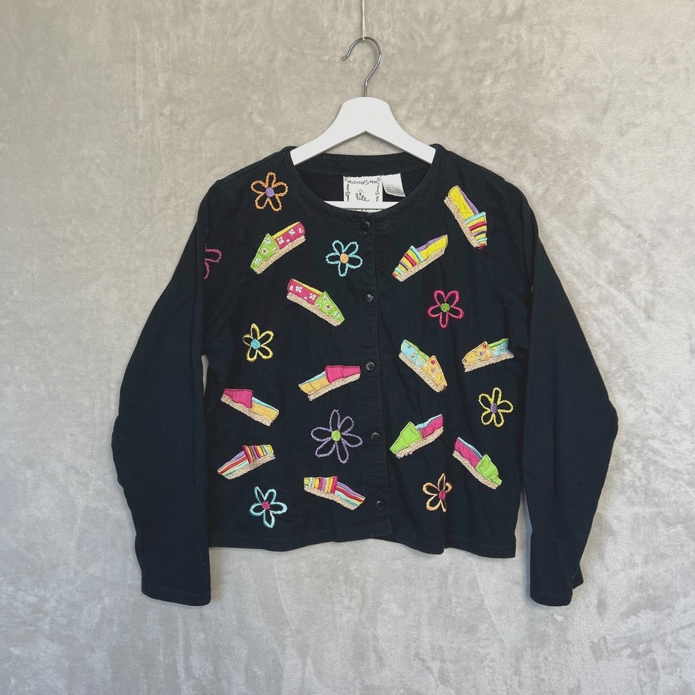 Michael Simon Lite Cardigan L Black Embroidered‎ Wedges Daisies Y2K Cottagecore